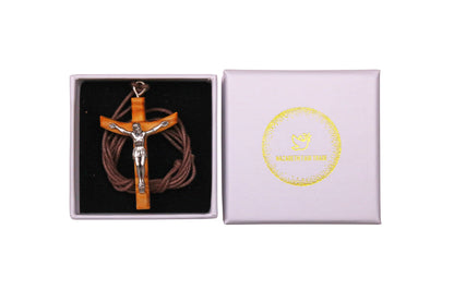 Heavenward Arc Olive Wood Crucifix Necklace In Gift Box