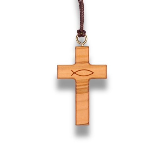 Ichthus Olive Wood Cross Necklace Close Up