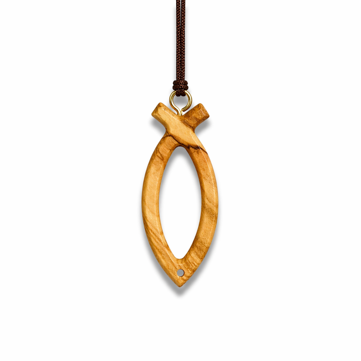 Olive wood fish-shaped pendant on a white background