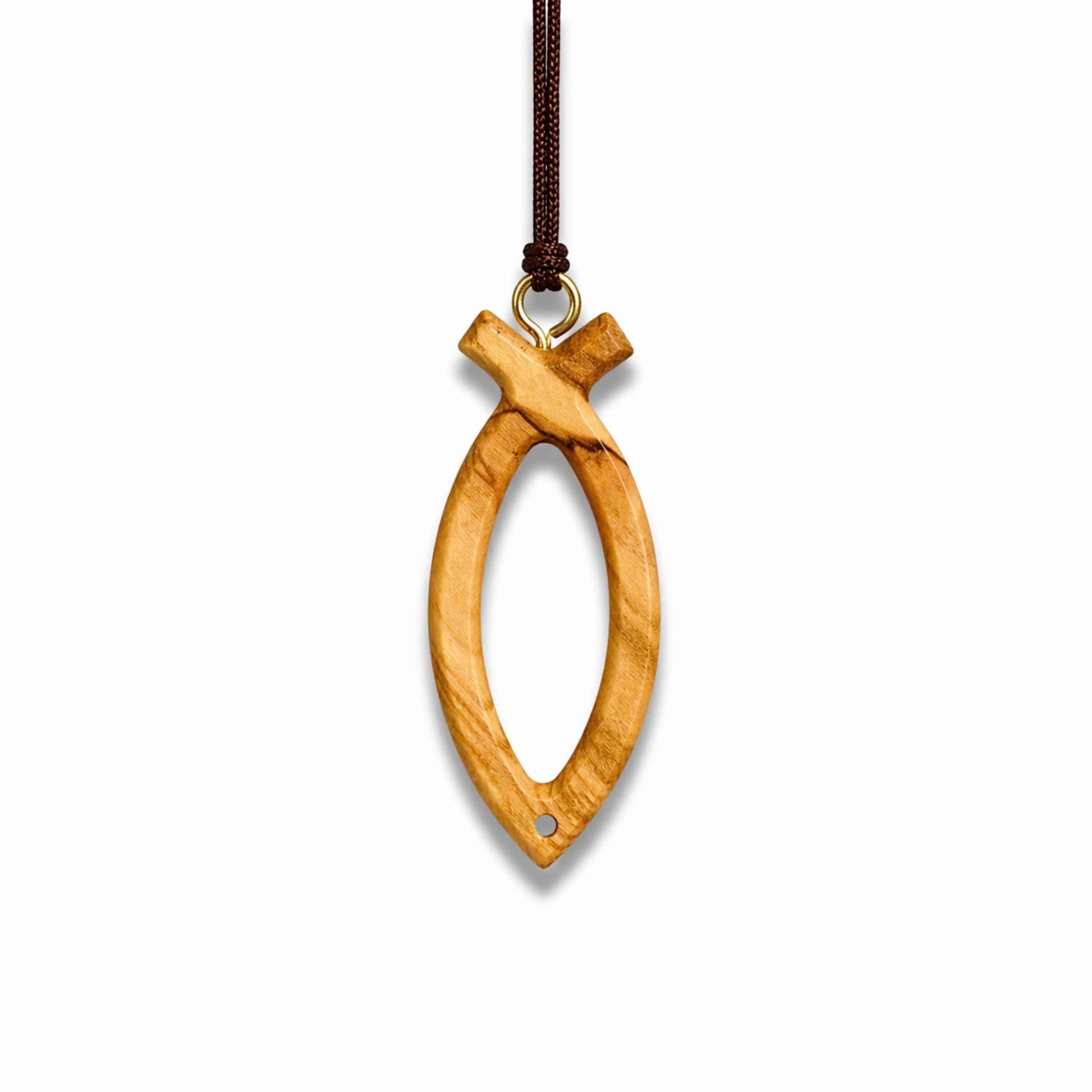 Olive wood fish-shaped pendant on a white background