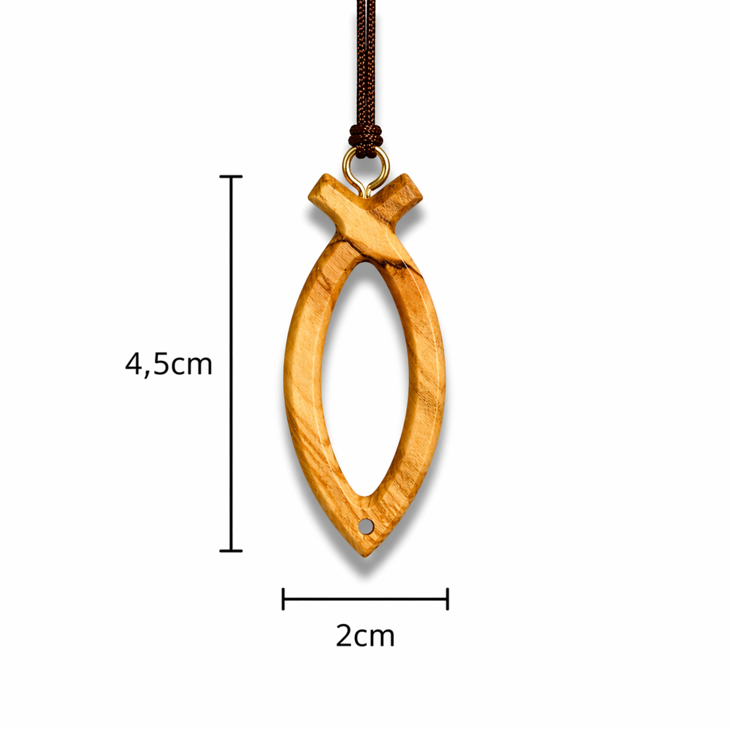 Ichthus Fish Olive Wood Necklace with dimensions