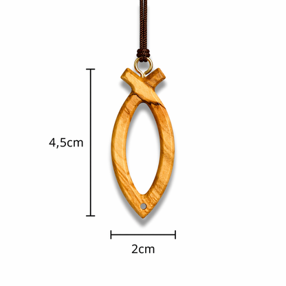 Ichthus Fish Olive Wood Necklace with dimensions