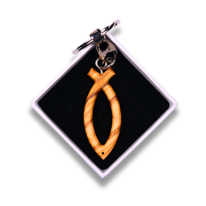 Ichthus Pendant Olive Wood Keychain In Gift Box