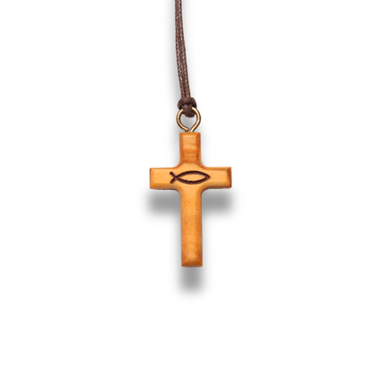Ichthus Way Olive Wood Cross Necklace Close Up