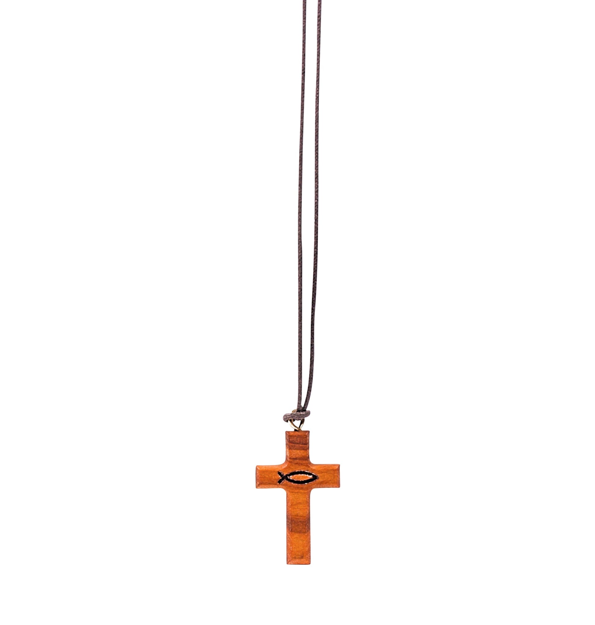Ichthys Grace Olive Wood Cross Necklace Close Up