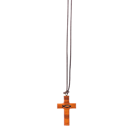 Ichthys Grace Olive Wood Cross Necklace Close Up