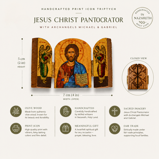 Jesus Christ Pantocrator triptych icon with Archangels Michael and Gabriel, handcrafted olive wood icon from Nazareth Holy Land