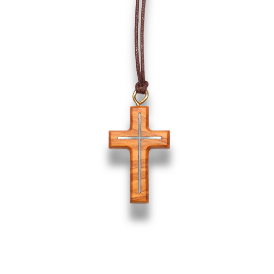 Inner Olive Wood Cross Necklace Close Up
