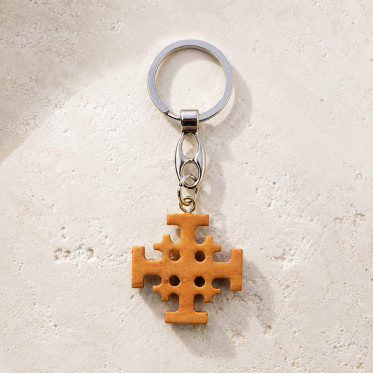 Olive Wood Jerusalem Cross Keychain