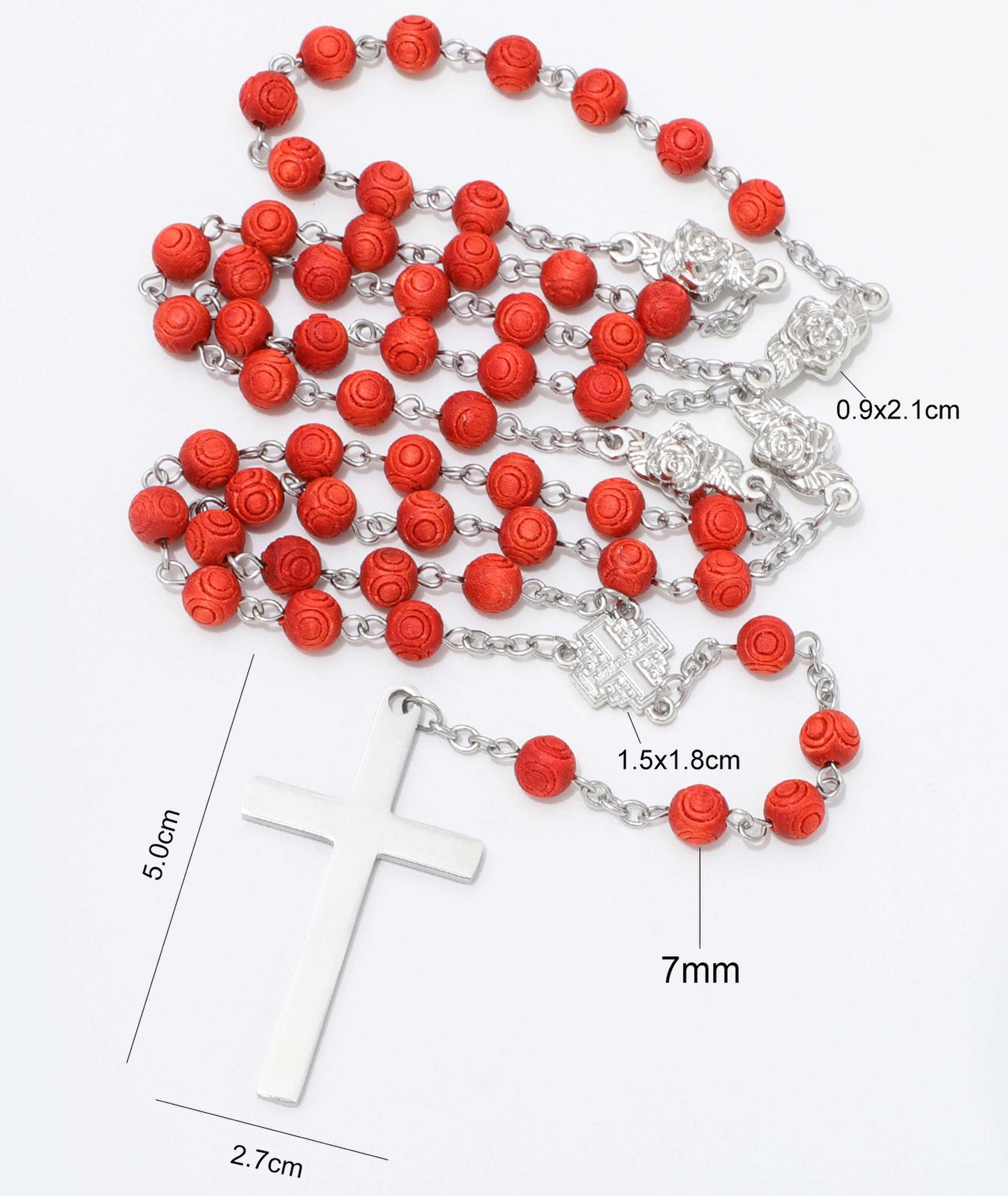 Silver rosary with red beads and a white cross, shown on a white background with dimension labels indicating bead diameter, cross measurements, and chain measurements.