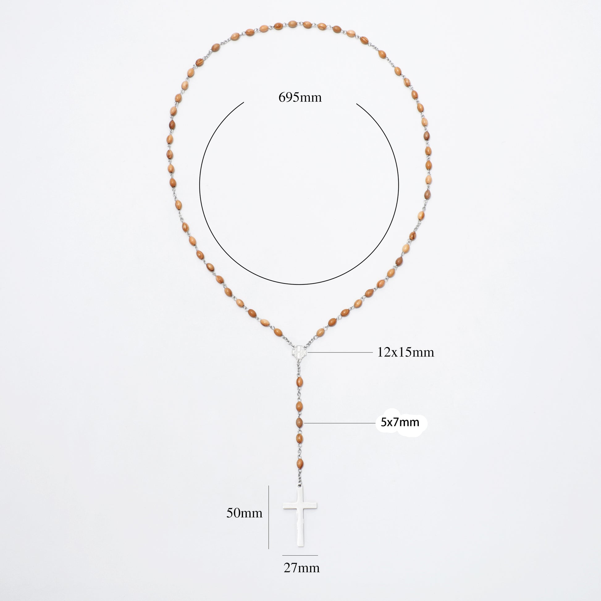 A rosary necklace with brown wooden beads and a silver cross pendant, shown on a white background with overlaid dimension labels and measurement lines.