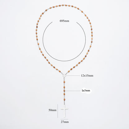A rosary necklace with brown wooden beads and a silver cross pendant, shown on a white background with overlaid dimension labels and measurement lines.