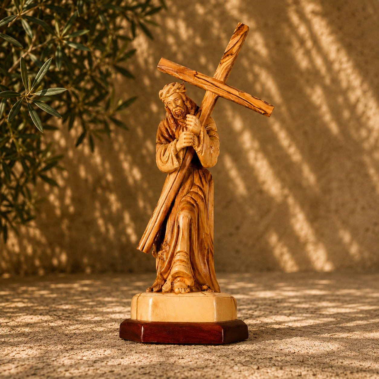 A carved wooden statue of Jesus carrying the cross, displayed on a stone surface with a textured wall and leaf shadows in the background.