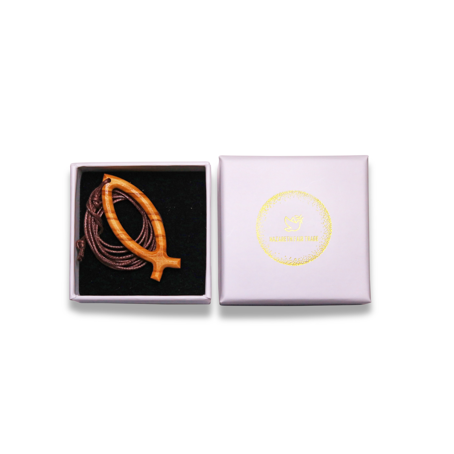 Wooden (olive wood) fish-shaped pendant on a white background. In gift box