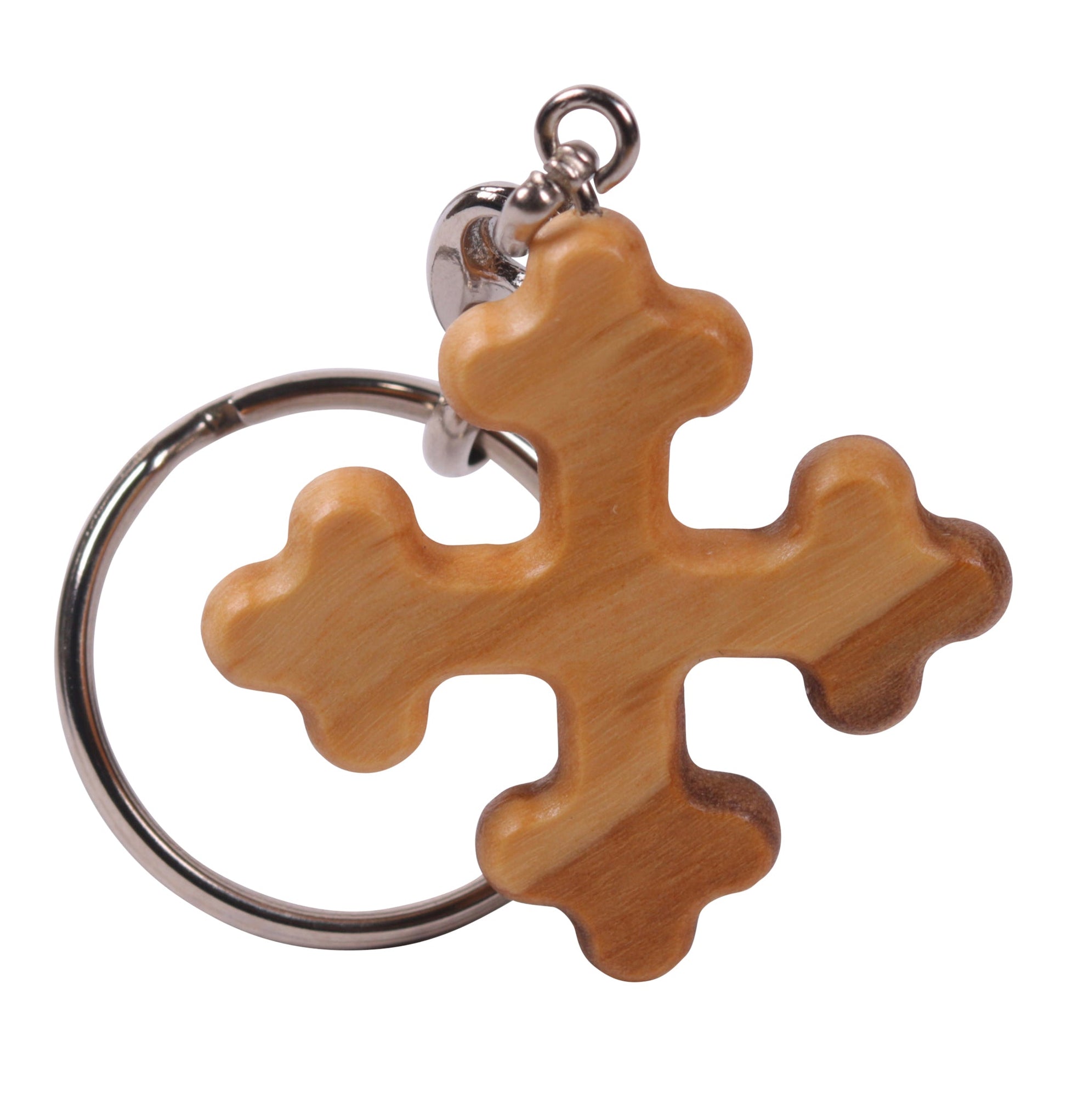 Orthodox-style olive wood cross keychain with three rounded protrusions on each end, attached to a metallic keyring.