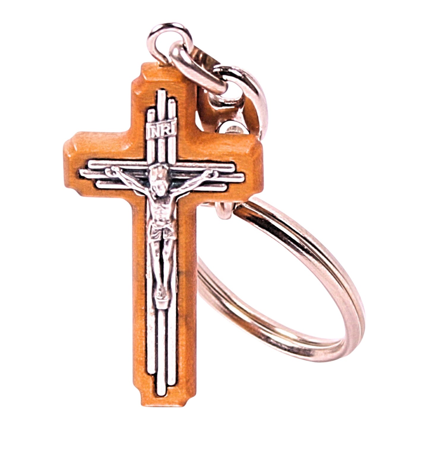 Olive wood crucifix pendant keychain with a detailed silver-tone metal inlay forming a unique three-lined cross design, with the figure of Jesus at the center.