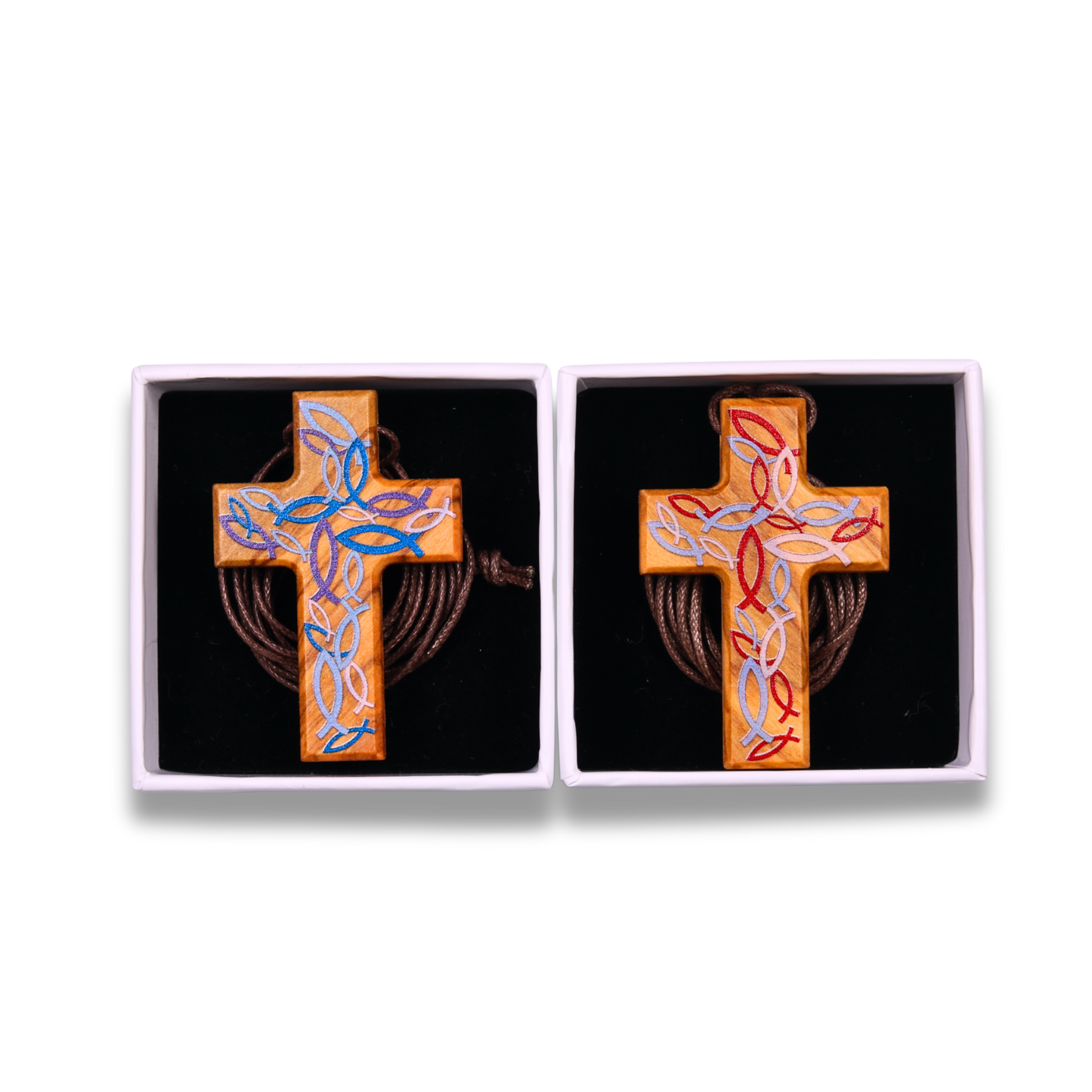 Two Kinneret Olive Wood Cross Necklaces In Gift Boxes