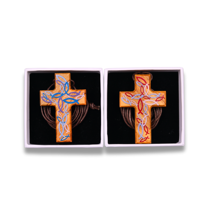 Two Kinneret Olive Wood Cross Necklaces In Gift Boxes