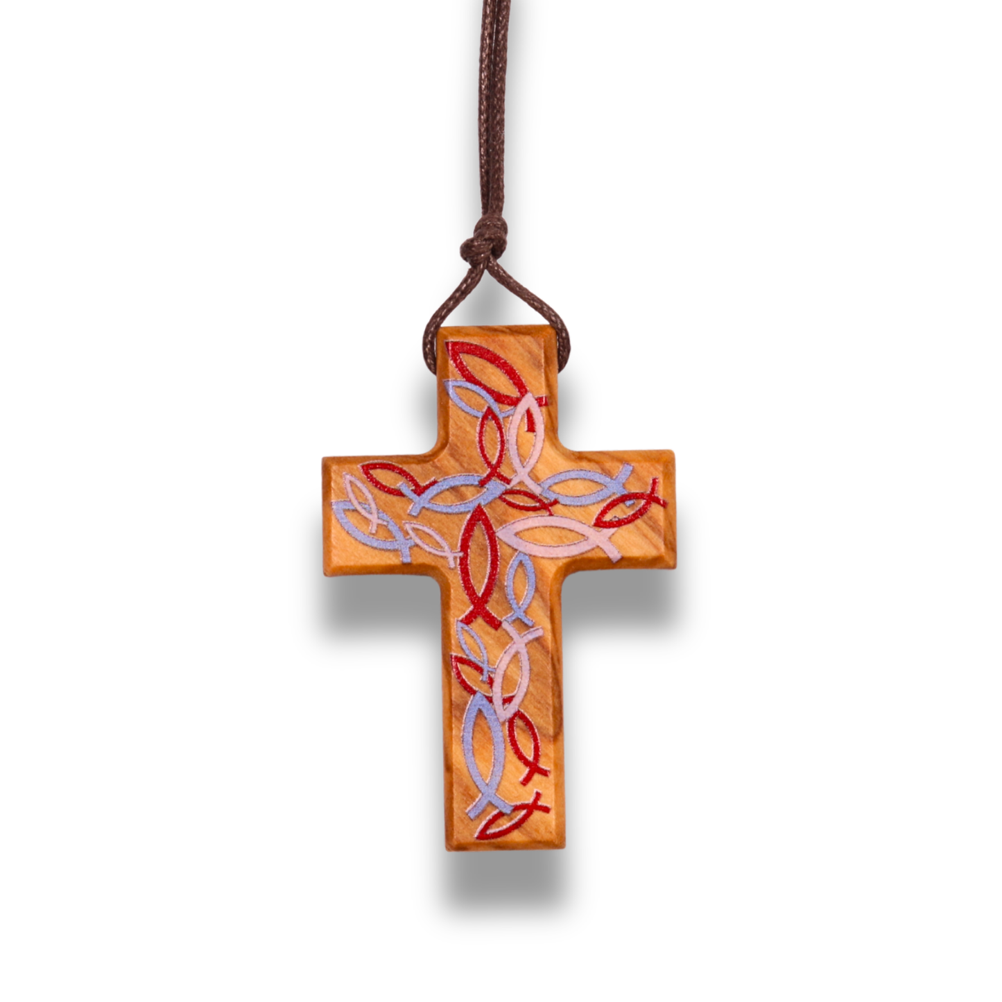 Handcrafted olive wood cross necklace featuring intricate Red and light blue Ichthus fish engravings forming a woven pattern on the surface, suspended on a brown cord.