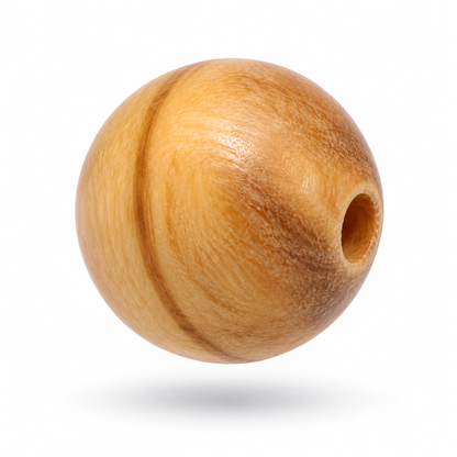 A single round wooden bead with a natural light brown wood grain finish and a central hole, shown floating against a solid white background.