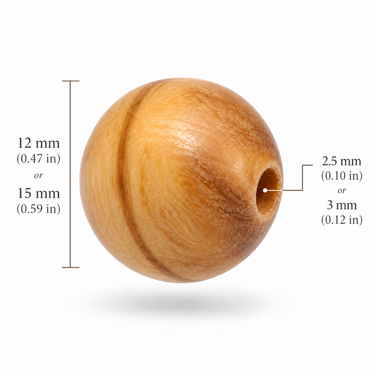 A single round wooden bead or cabochon shown on a white background with dimension callouts indicating a 12 mm or 15 mm diameter and a 2.5 mm or 3 mm hole size.