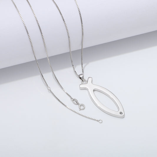 925 Sterling Silver Ichthus Fish Necklace Large
