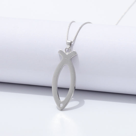 925 Sterling Silver Ichthus Fish Necklace Large