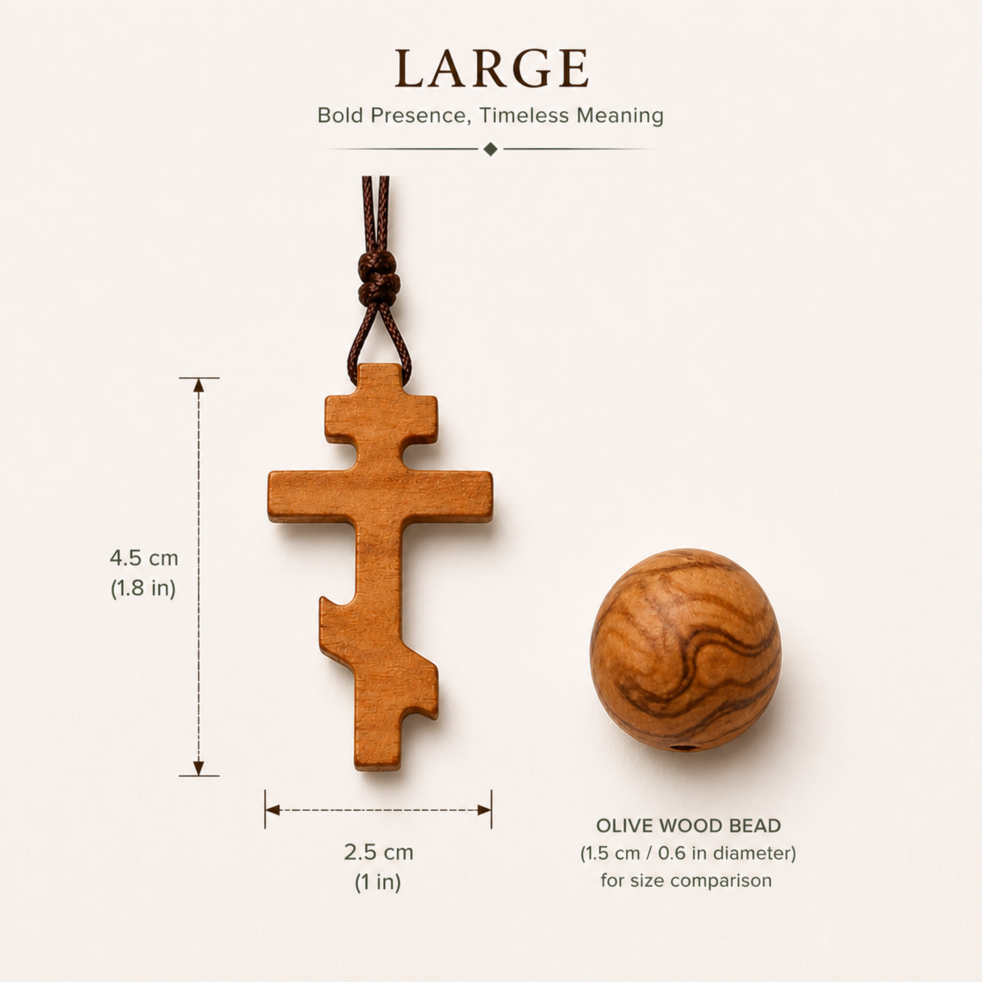 Olive wood cross necklace Large size with measurement chart and bead comparison, religious gift