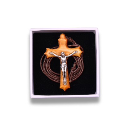 Lilium Crucifix Olive Wood Necklace In Gift Box