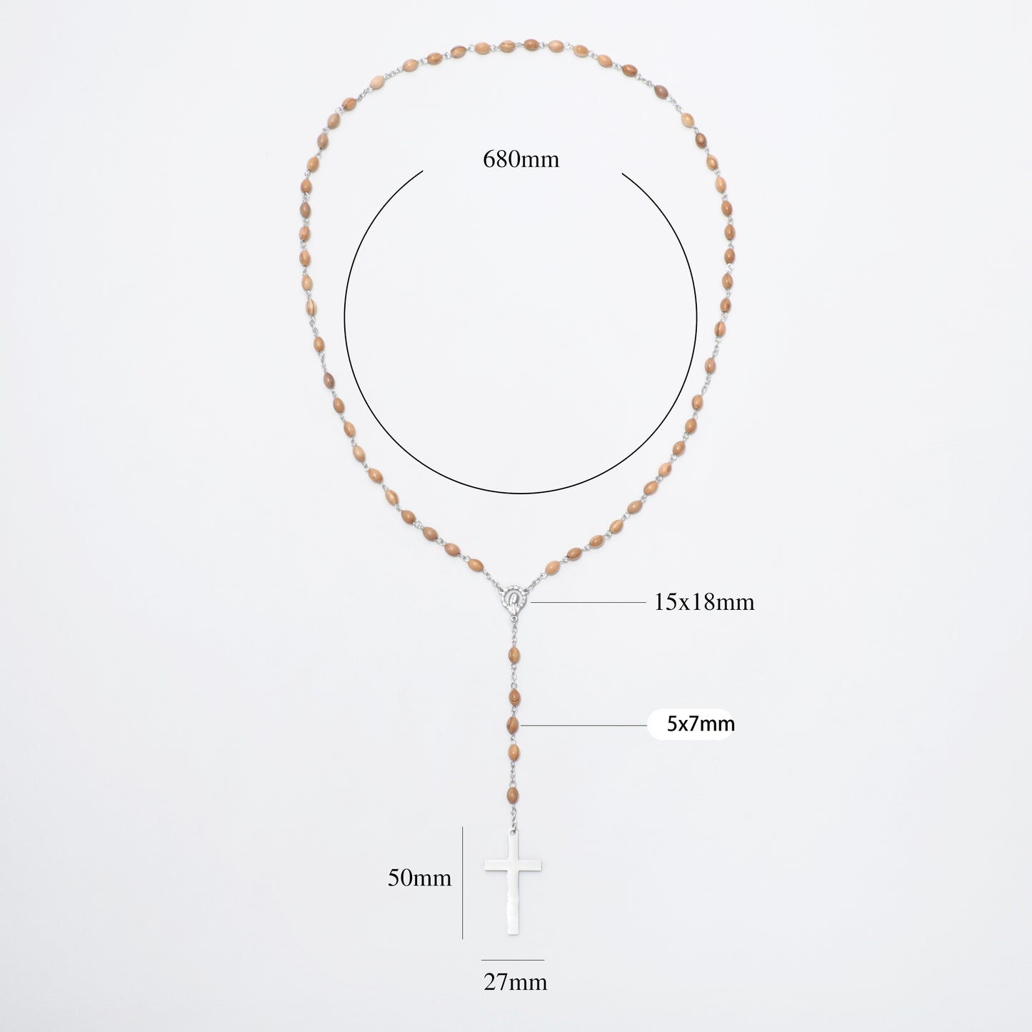 A rosary-style necklace with small warm tan beads and a silver cross pendant, shown on a light gray background with overlaid dimension labels and measurement lines.