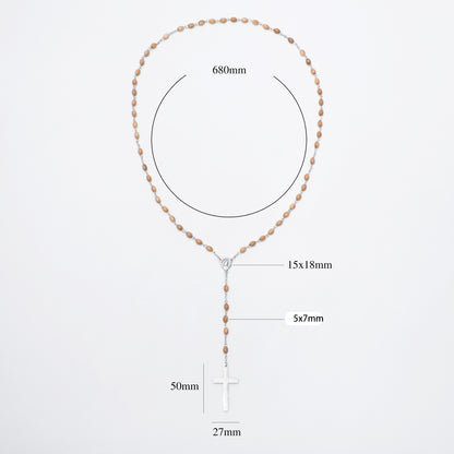 A rosary-style necklace with small warm tan beads and a silver cross pendant, shown on a light gray background with overlaid dimension labels and measurement lines.