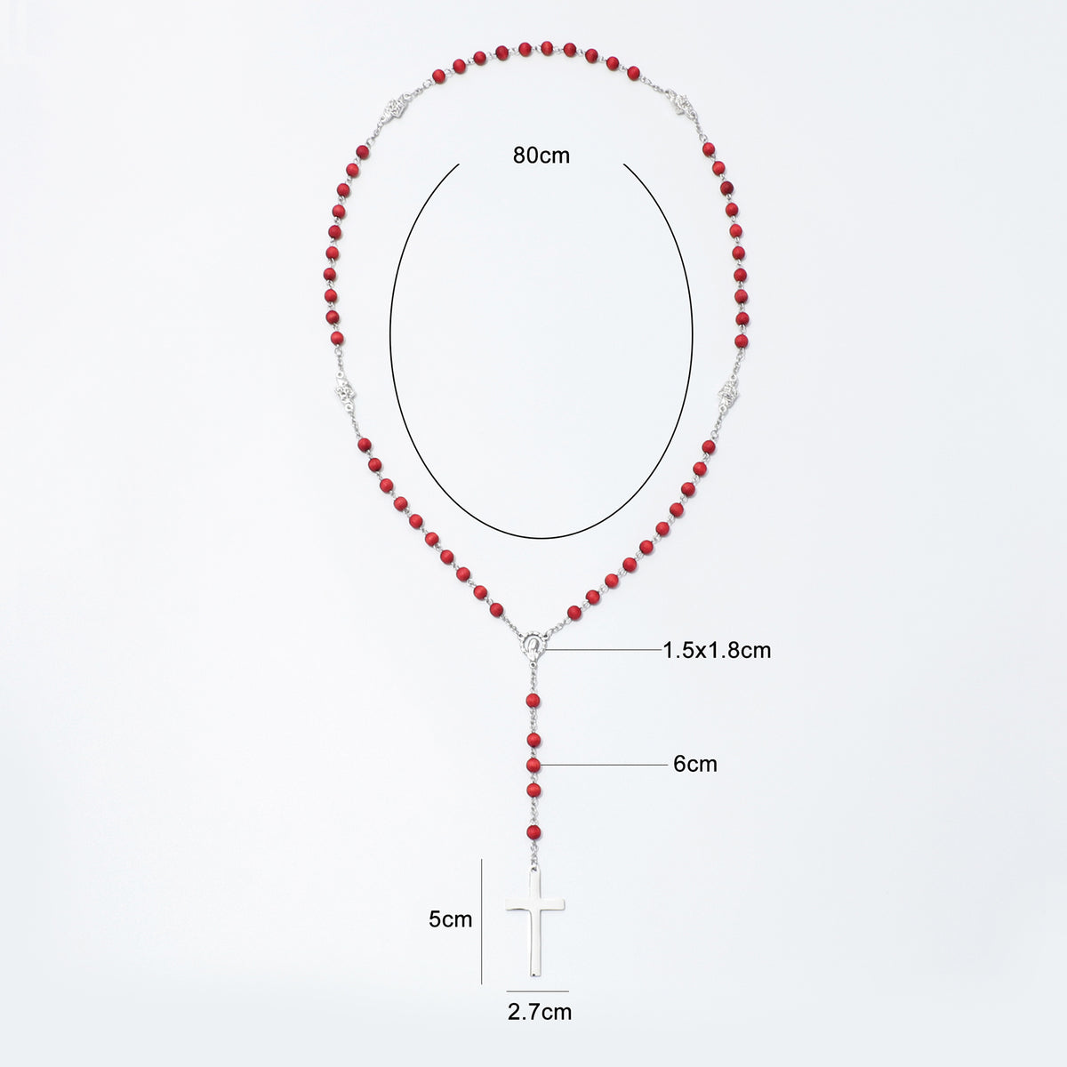 Red and silver beaded rosary necklace with a silver cross pendant, shown on a light gray background with dimension labels indicating 80cm length and cross measurements.