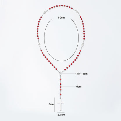 Red and silver beaded rosary necklace with a silver cross pendant, shown on a light gray background with dimension labels indicating 80cm length and cross measurements.