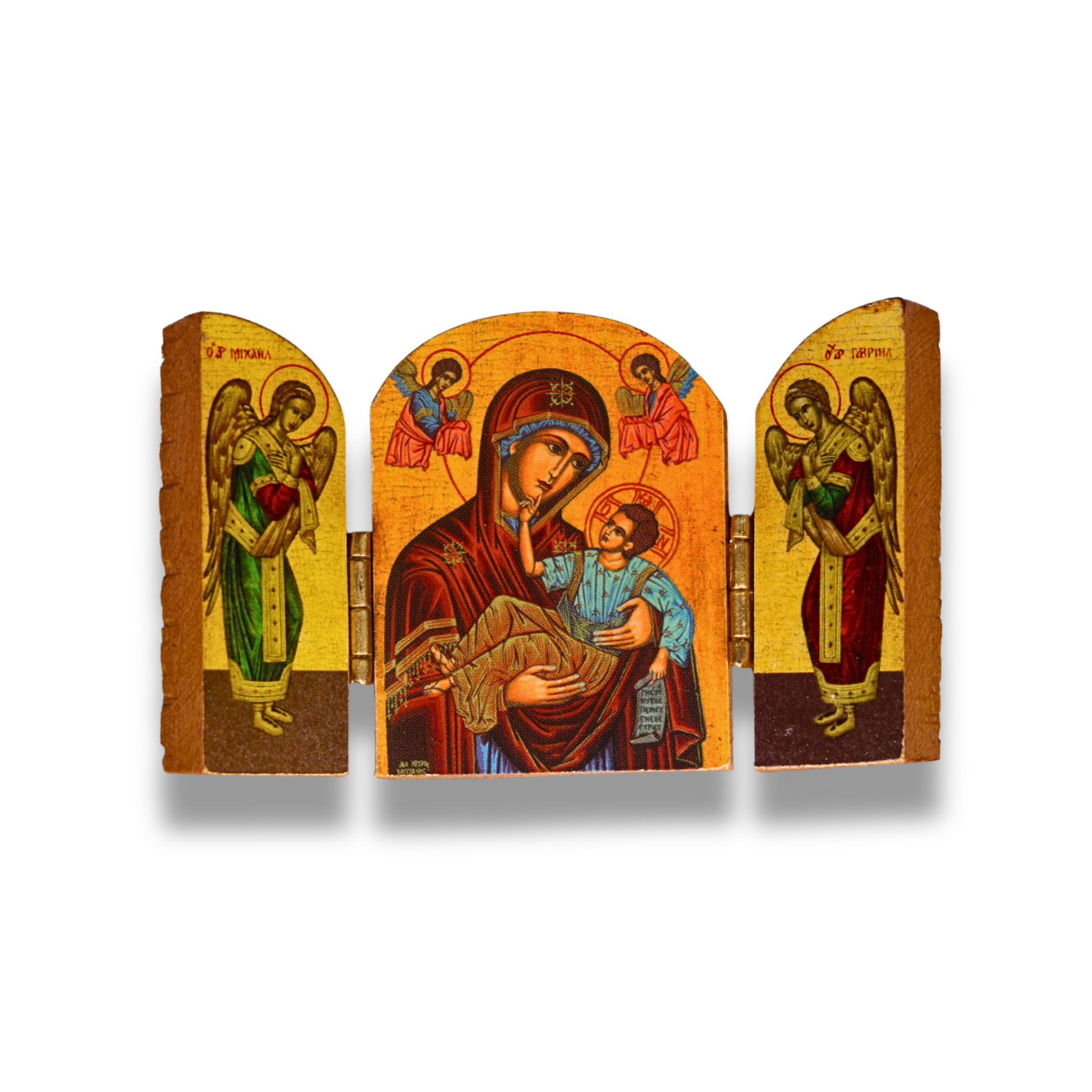 Triptych icon with central figure and side figures on a white background