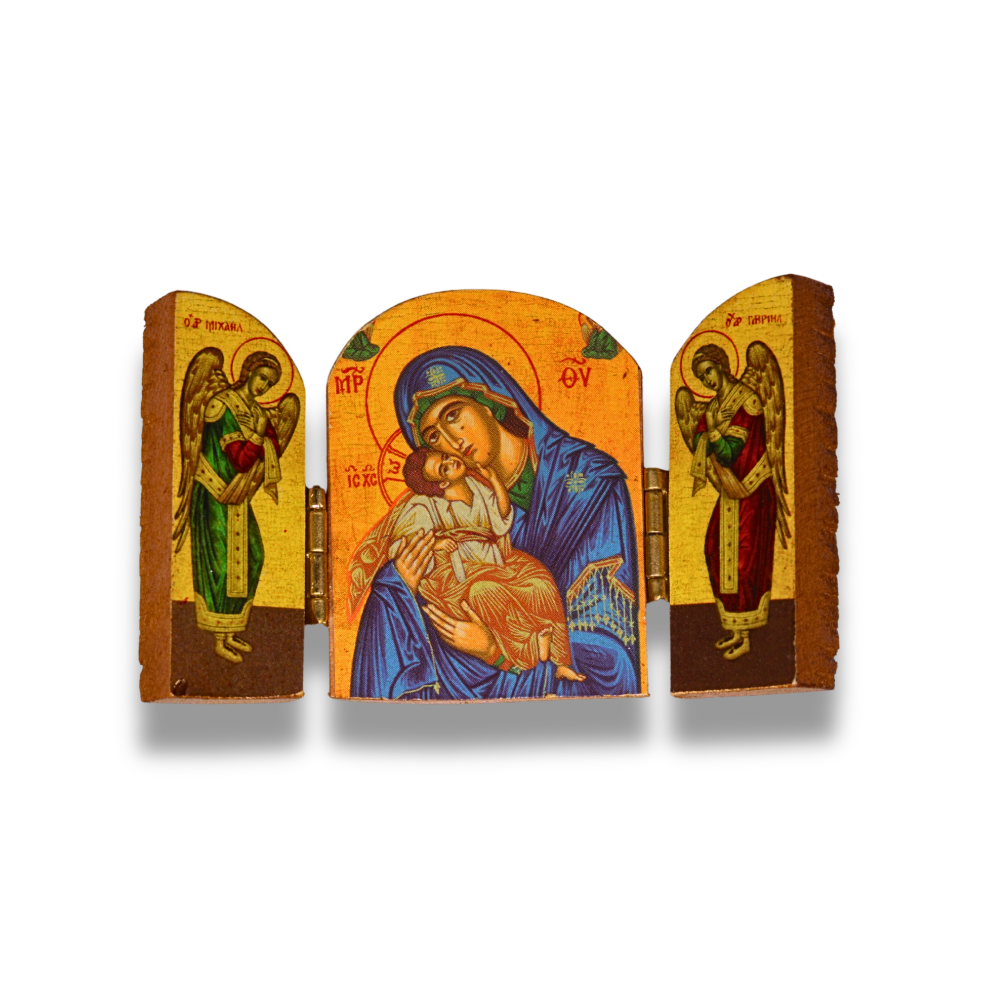 Triptych icon with central figure of a woman holding a child, flanked by two angels on a white background.