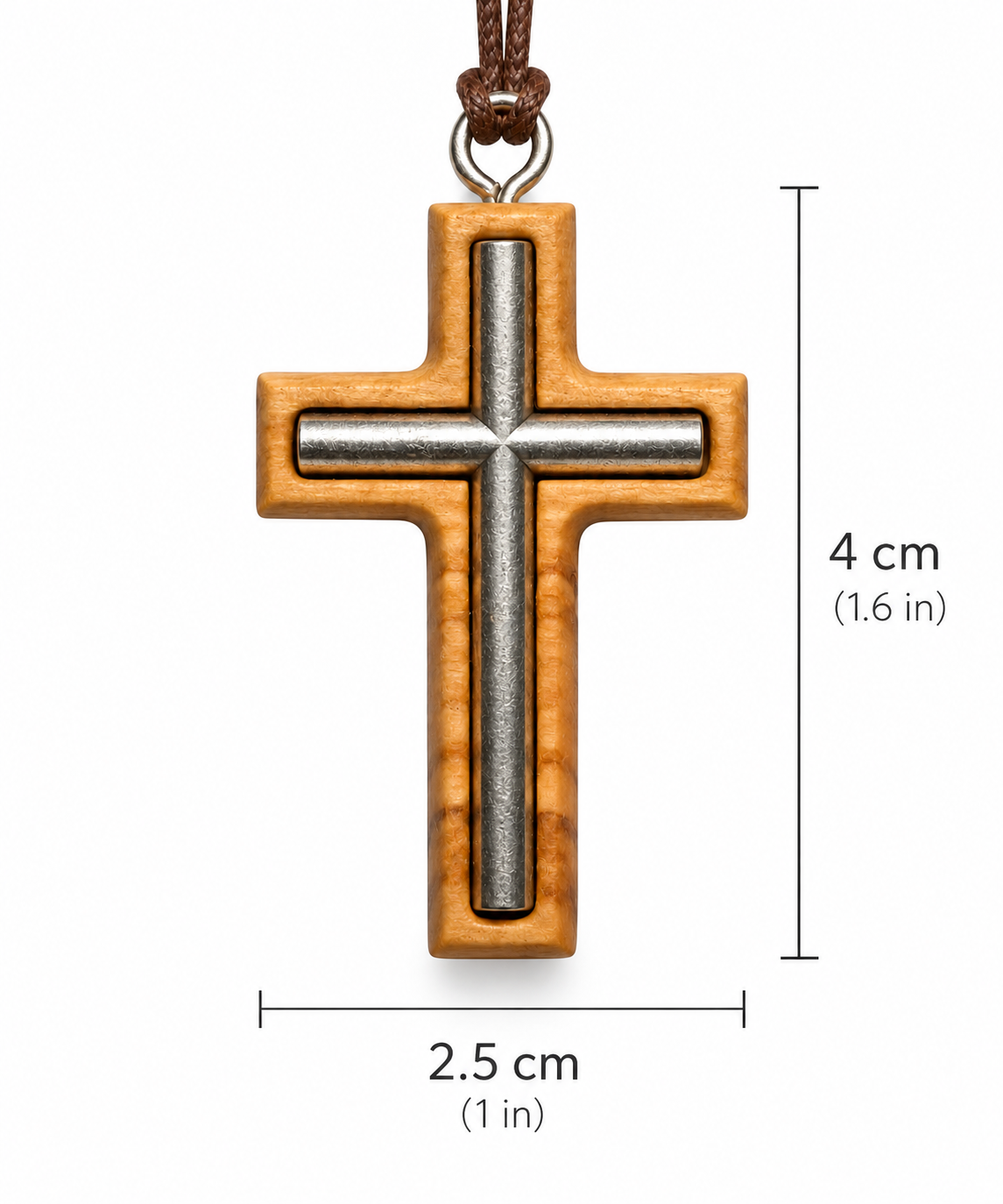 Wood and metal cross pendant necklace with brown cord, shown on a white background with dimension lines indicating 4 cm height and 2.5 cm width.