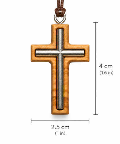 Wood and metal cross pendant necklace with brown cord, shown on a white background with dimension lines indicating 4 cm height and 2.5 cm width.