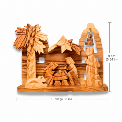Hand-carved olive wood nativity scene with dimension markers showing 11 cm width and 9 cm height on a white background.