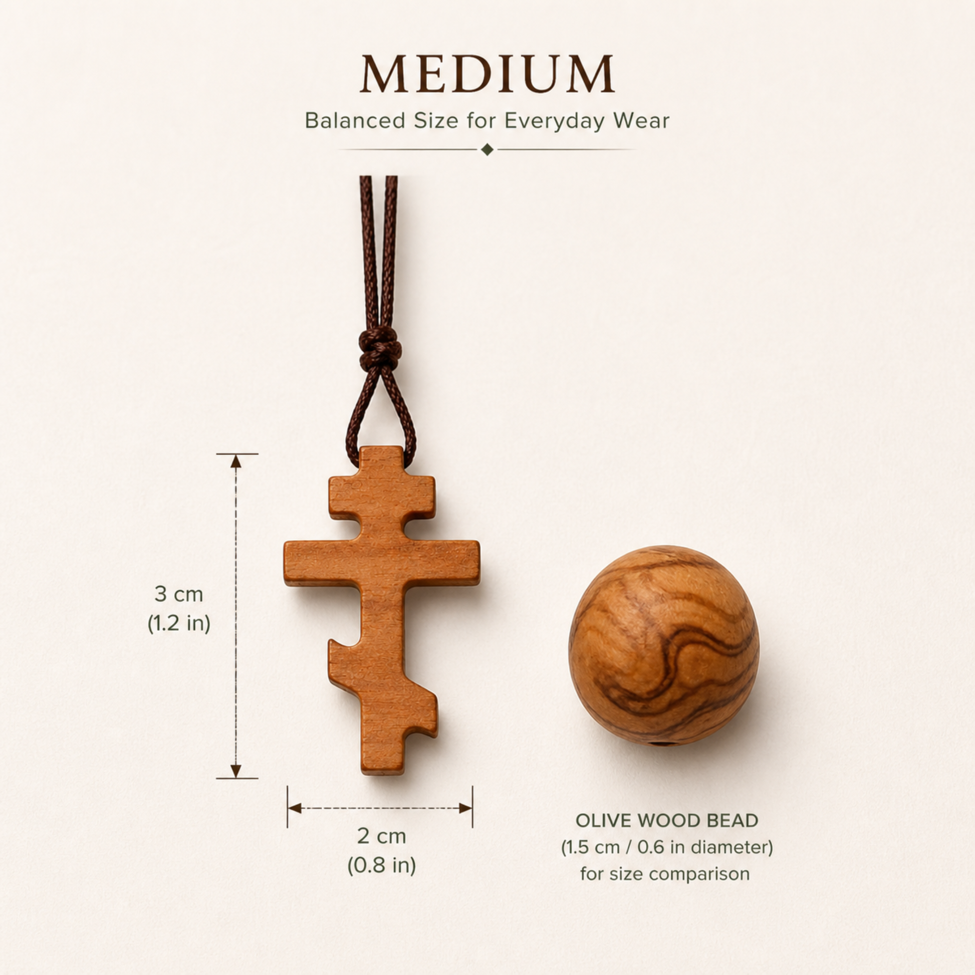 Medium size olive wood Russian Orthodox cross pendant with dimensions, handcrafted Christian jewelry