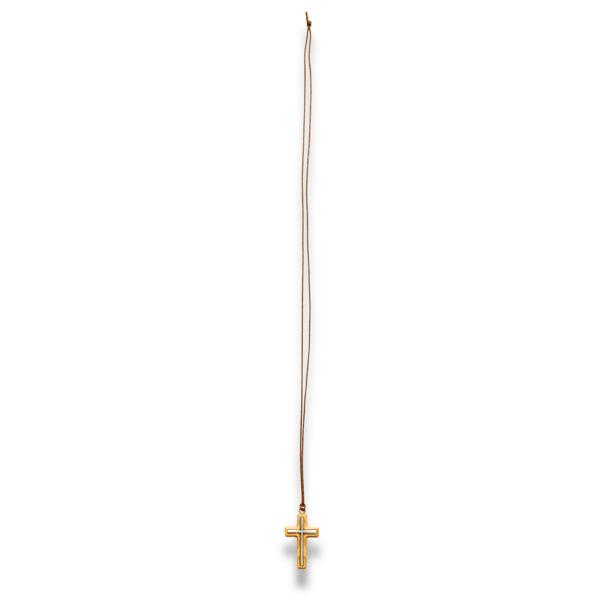 Metal cross olive wood necklace full length