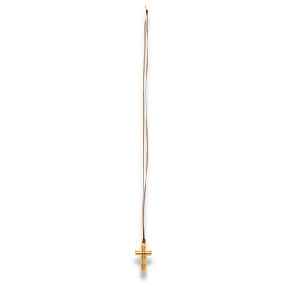 Metal cross olive wood necklace full length