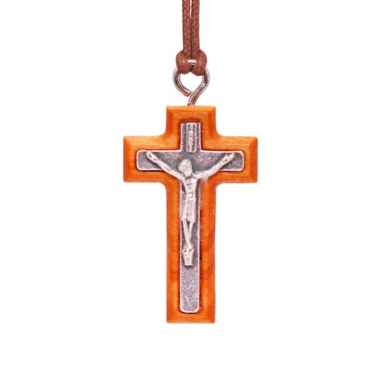 Metal Crucifix Framed in Olive Wood With Silver Christ Necklace Close Up