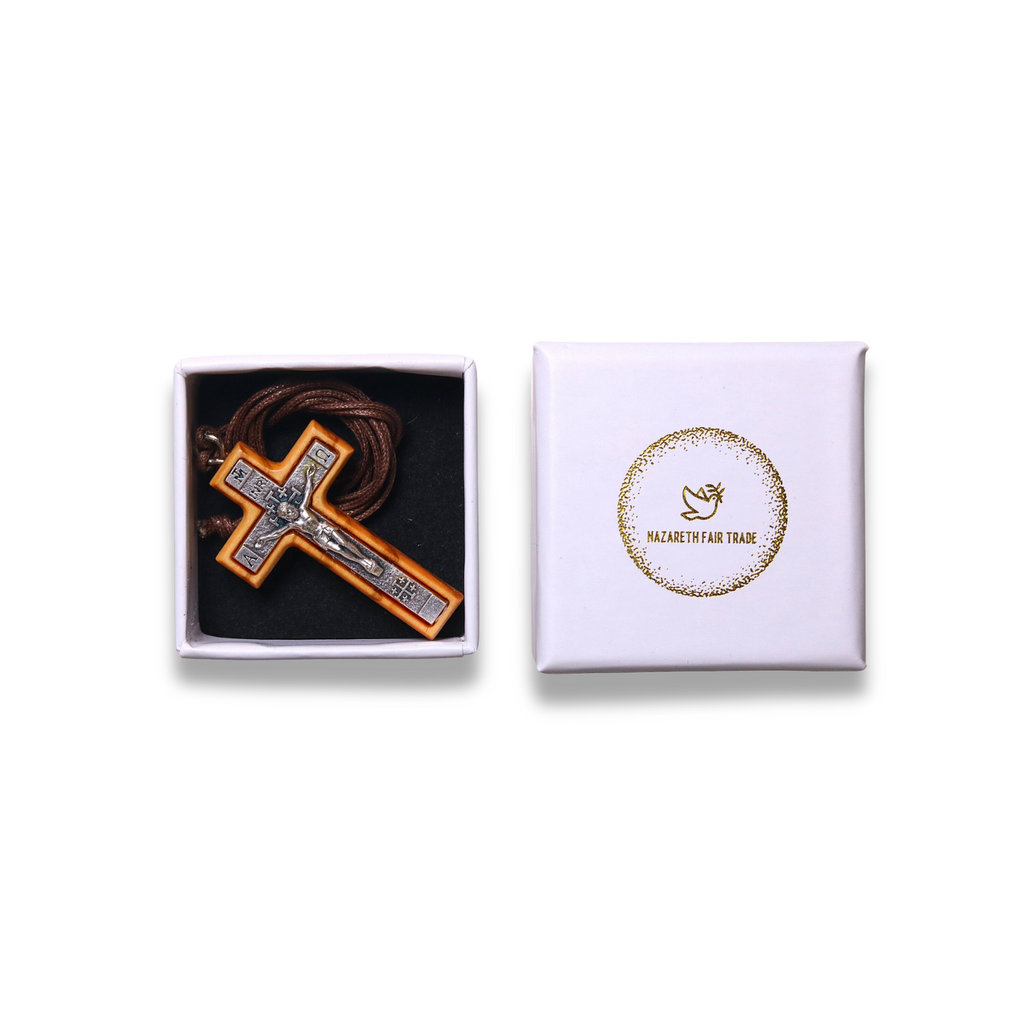 Crucifix Necklace in a white box with a visible brand logo.