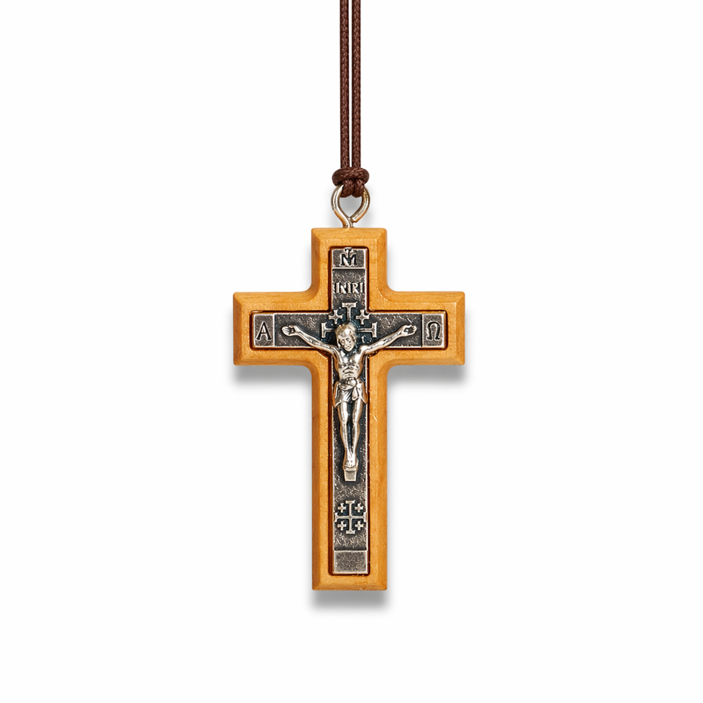 Metal Crucifix Olive Wood Necklace