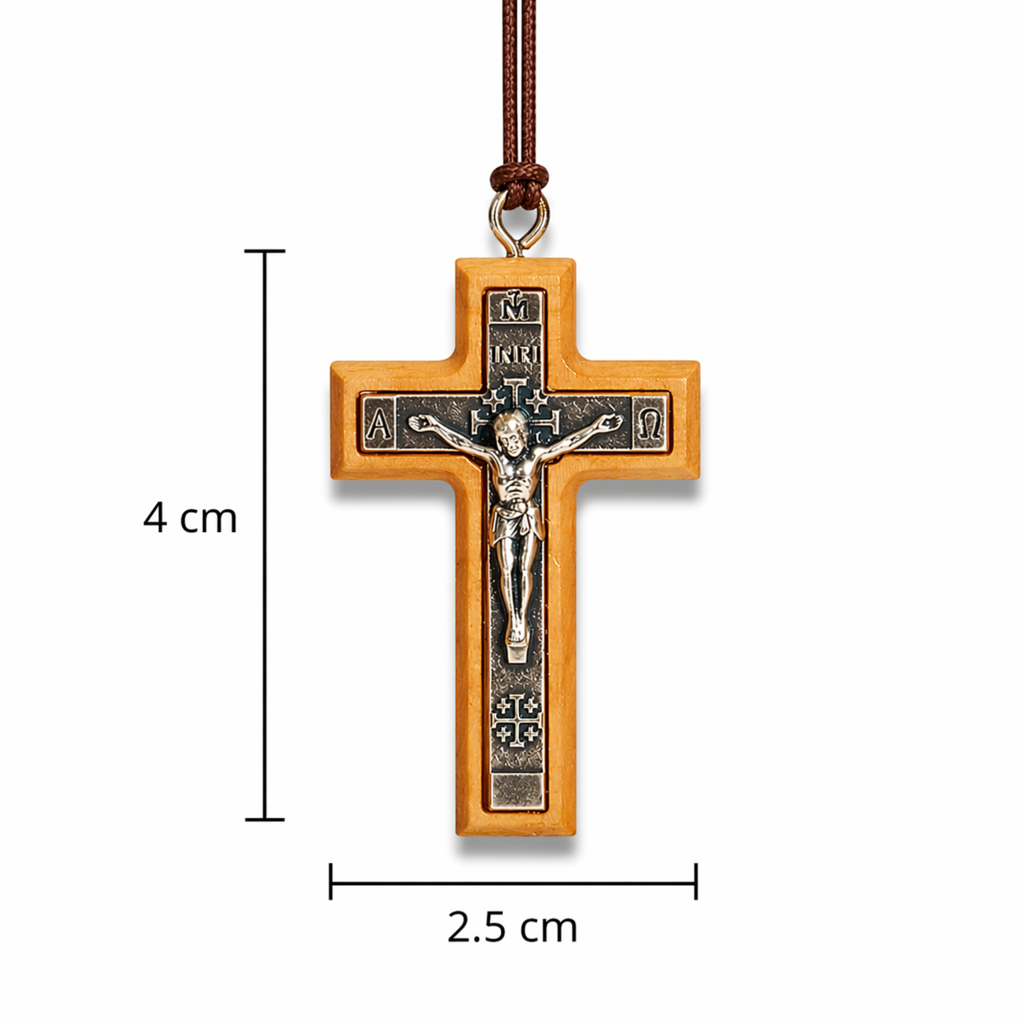 Wooden cross pendant with measurements on a white background