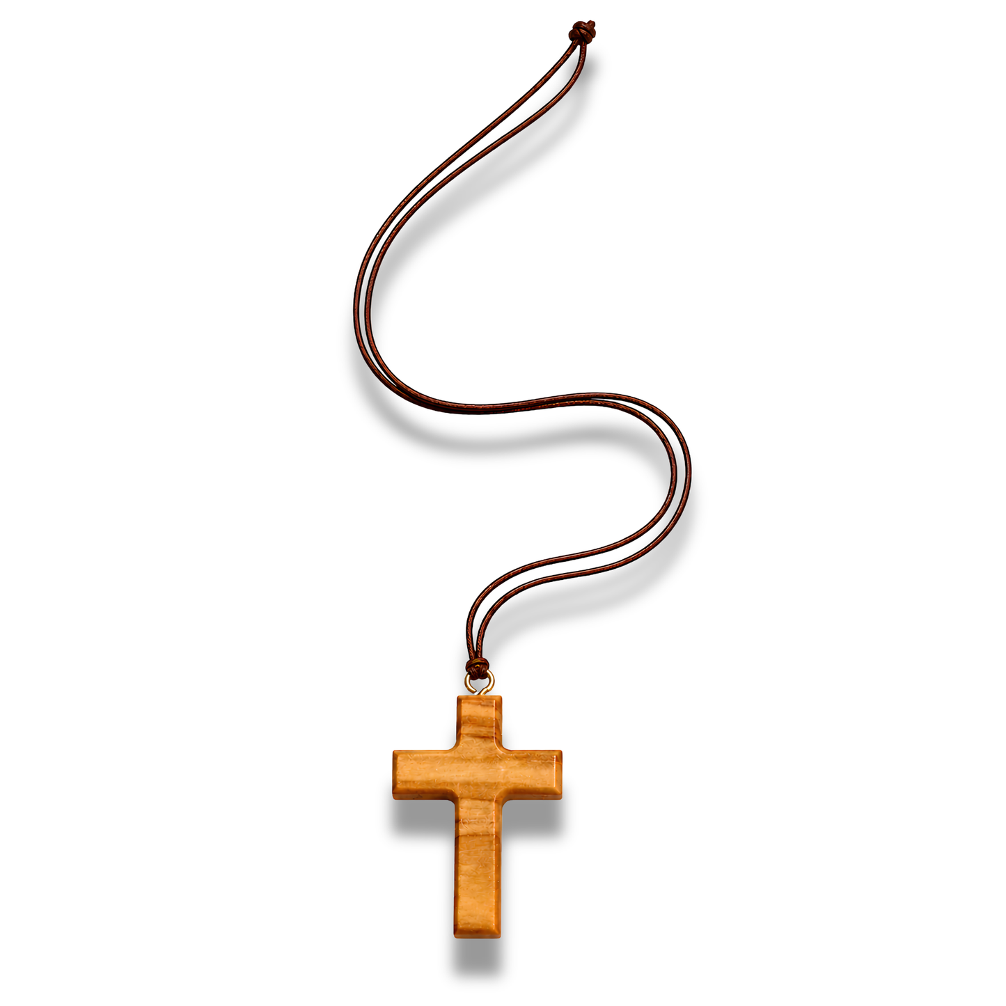Olive Wood Cross Necklace, Handcrafted in Nazareth. Minimalist Pendant. Christian necklace on white background. Full size length.