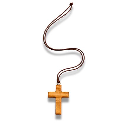 Olive Wood Cross Necklace, Handcrafted in Nazareth. Minimalist Pendant. Christian necklace on white background. Full size length.