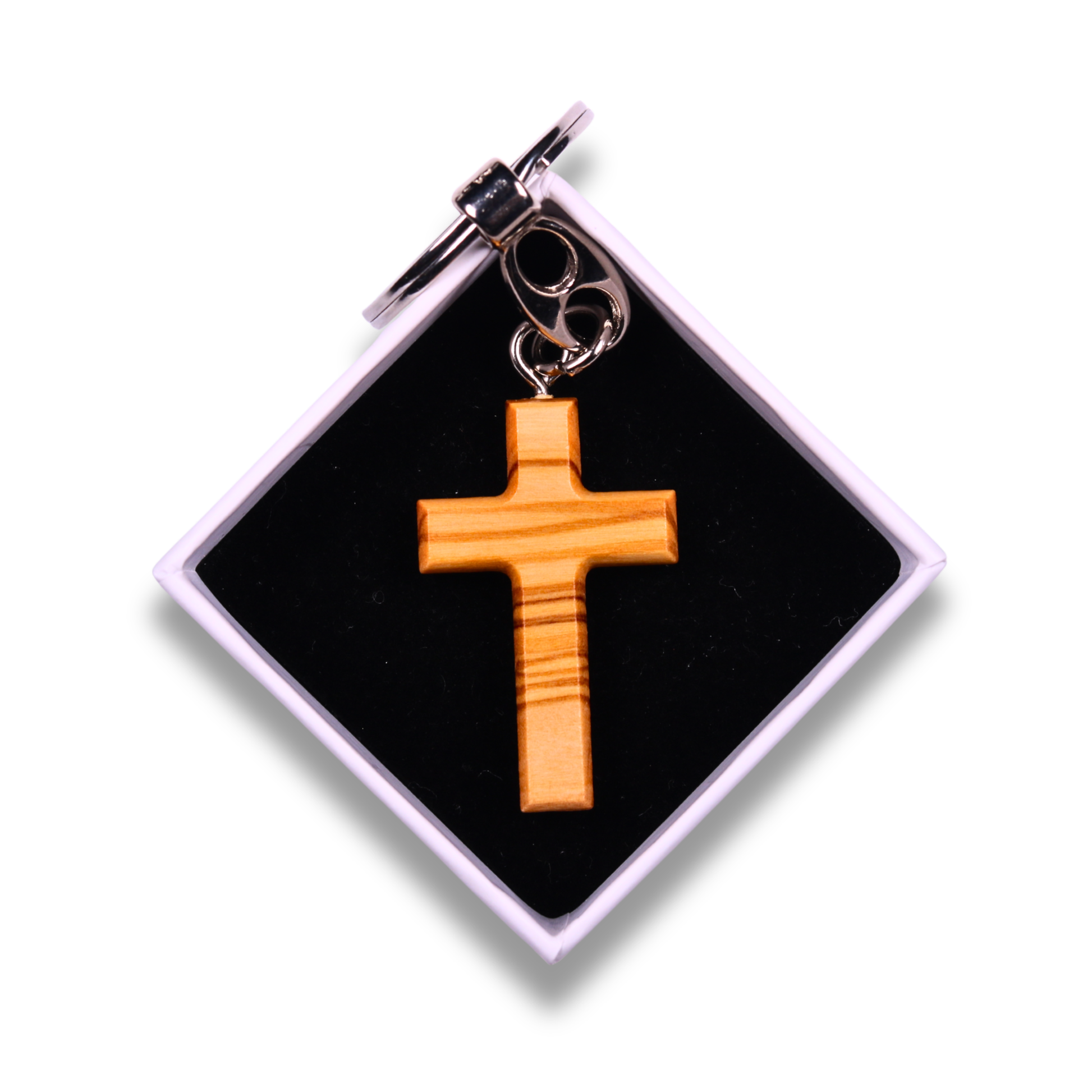 Minimalist Olive Wood Cross Keychain In Gift Box