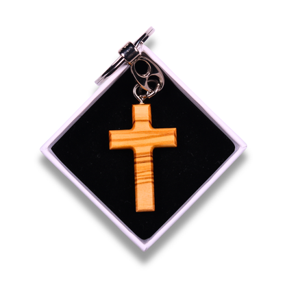 Minimalist Olive Wood Cross Keychain In Gift Box