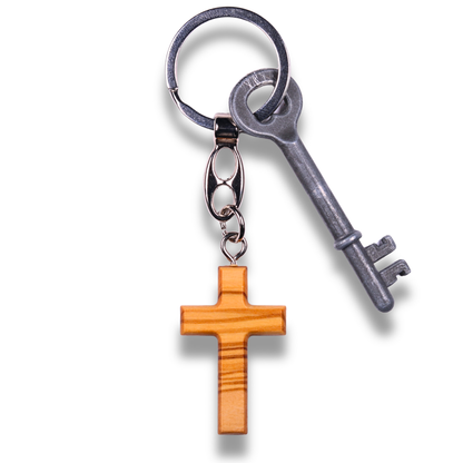 Minimalist Olive Wood Cross Keychain With Key